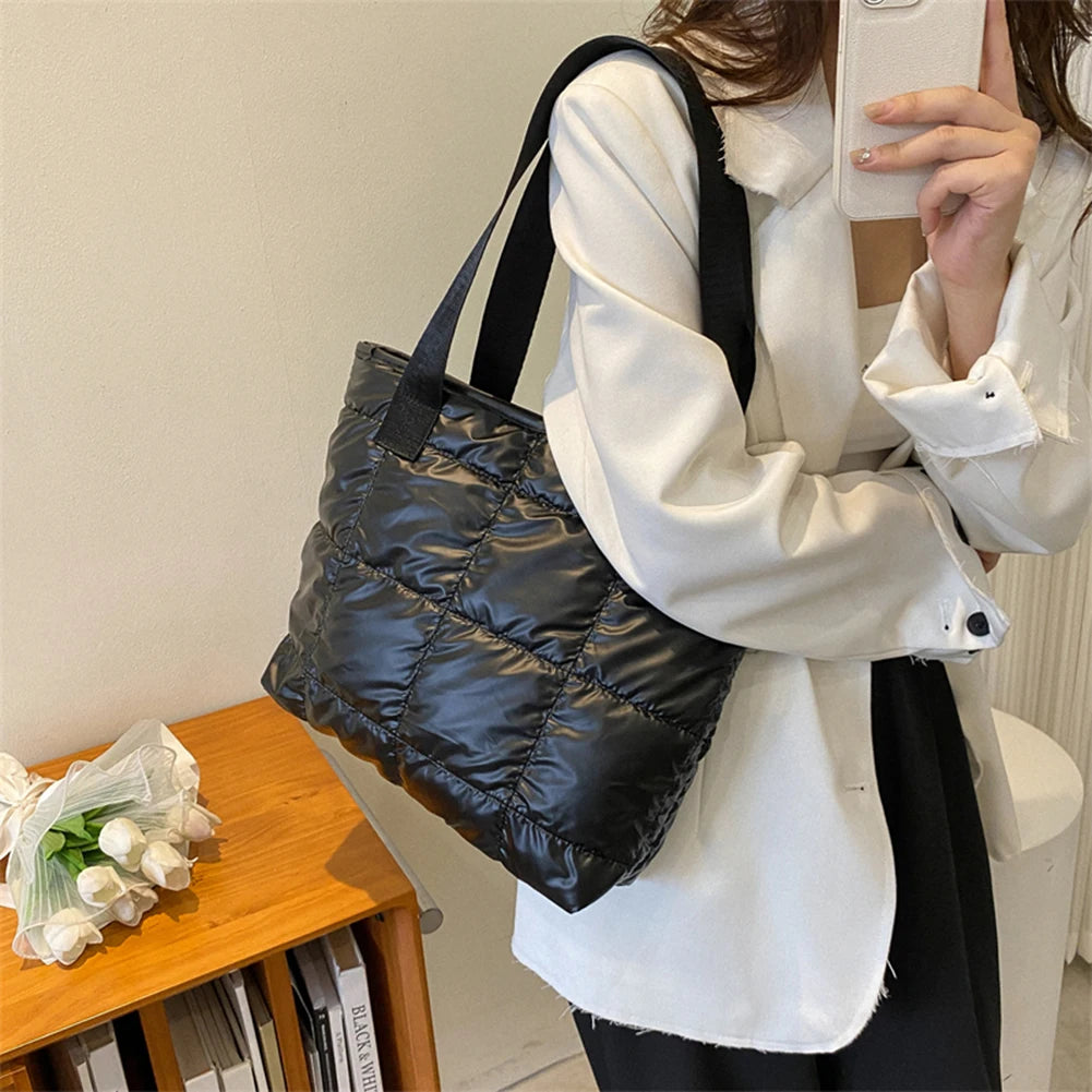 Fashion Women Tote Bag Large Capacity Cotton Padded Top-handle Bags Rhombus Portable Handbag Quilted Solid for Leisure Travel