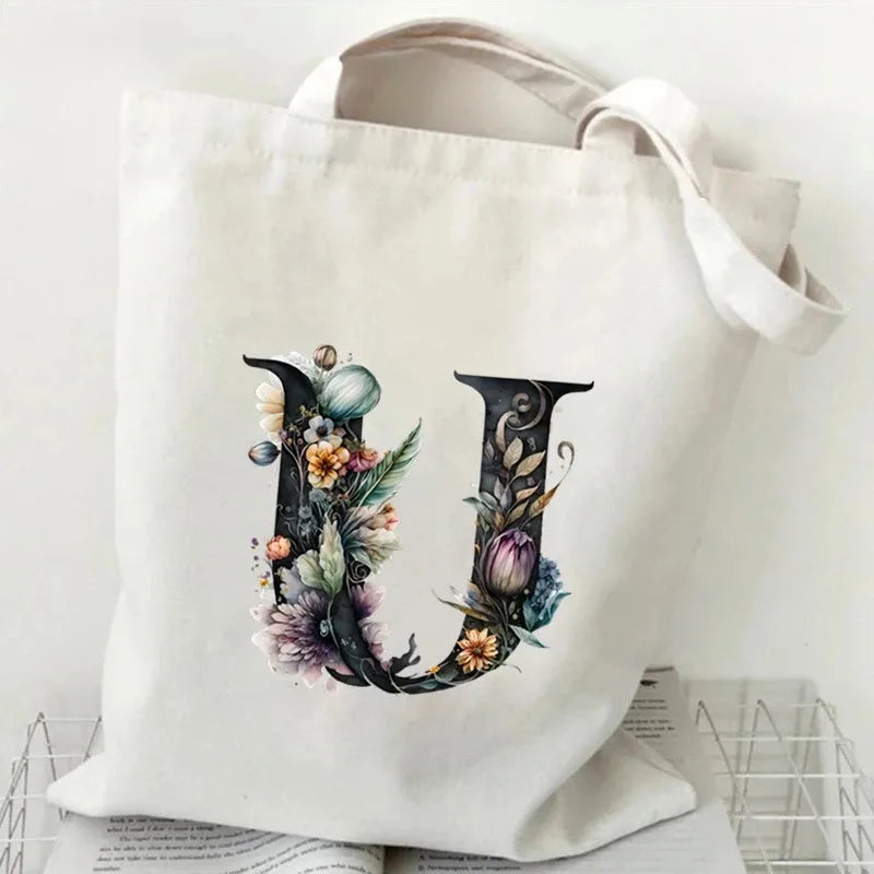 26 Letters Flower Tote Bag for Women Eco Reusable Shoulder BagsLarge Capacity Canvas Casual Harajuku Shopping Shopper Handbag