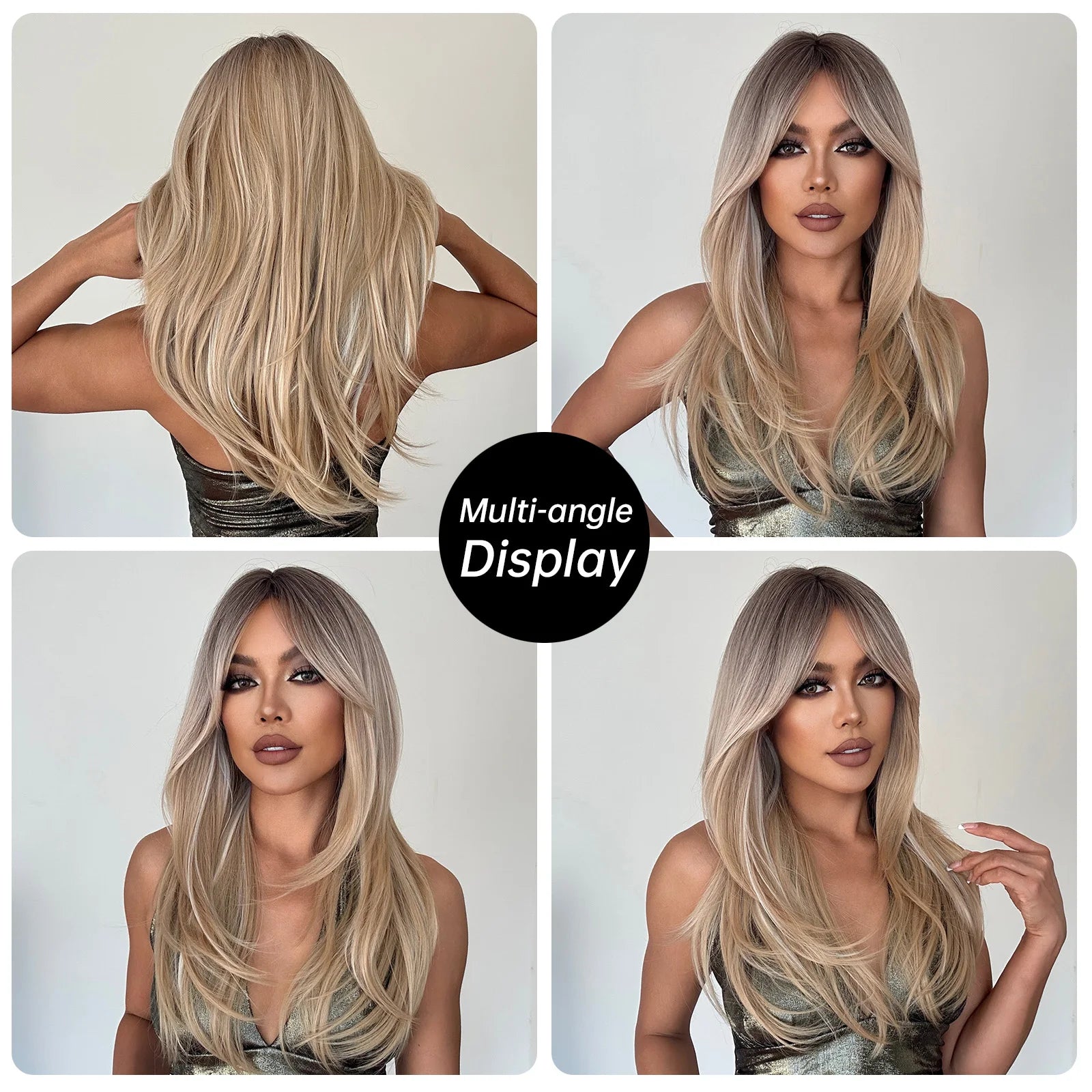 Long Straight Layered Synthetic Wig Blonde Platinum Highlight Wig with Bangs Daily Use Natural Hair Heat Resistant Wig for Women