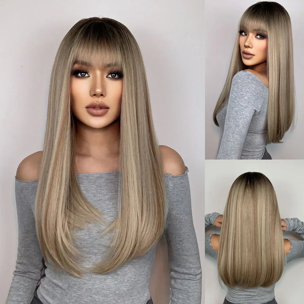 HENRY MARGU Long Straight Synthetic Wigs for Women Natural Brown Blonde Wig with Bangs Heat Resistant Cosplay Party Hair