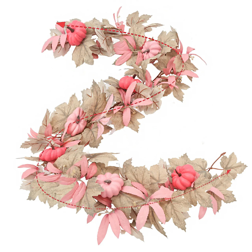 Halloween Thanksgiving Pink Decorations Artificial Fall Maple Leaves Garland Autumn Hanging Pink Pumpkins Flowers Berries Rattan