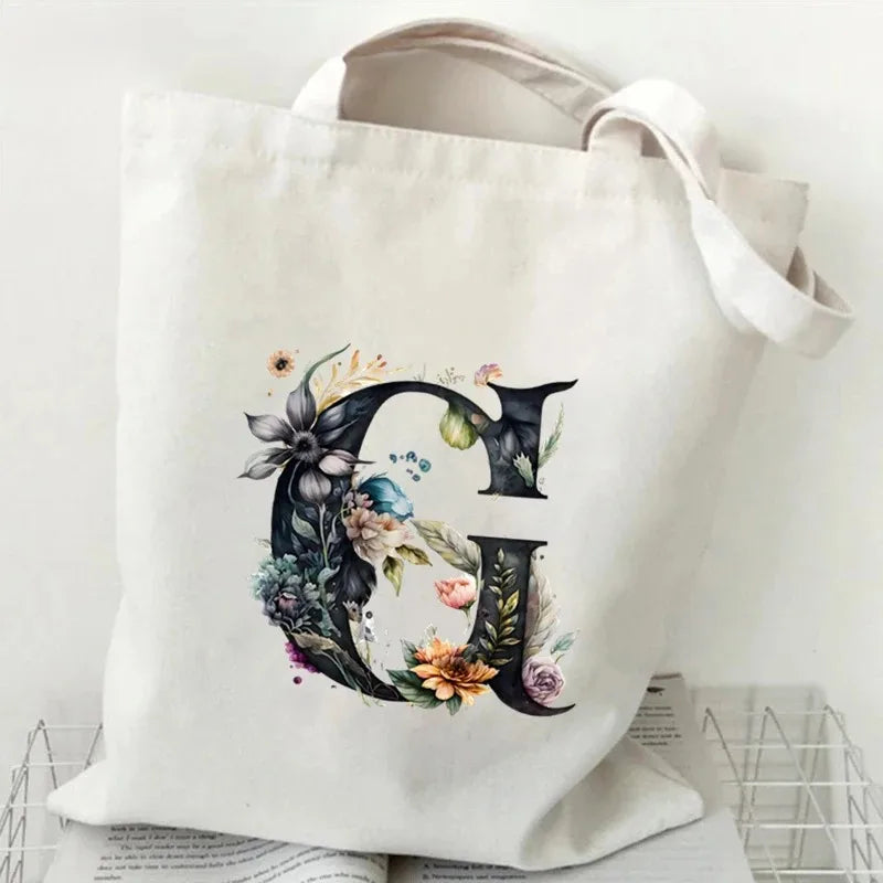 26 Letters Flower Tote Bag for Women Eco Reusable Shoulder BagsLarge Capacity Canvas Casual Harajuku Shopping Shopper Handbag