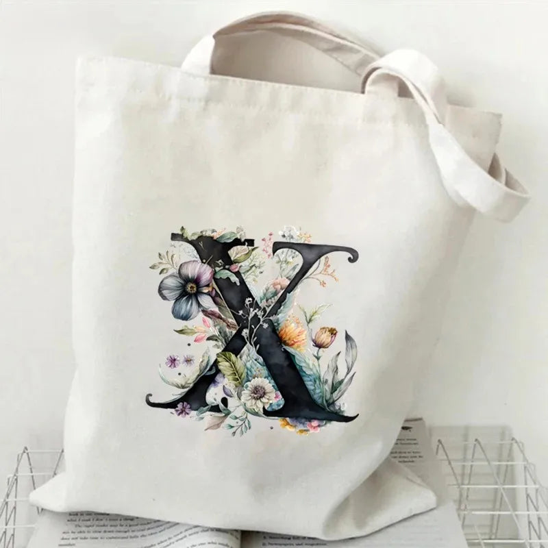 26 Letters Flower Tote Bag for Women Eco Reusable Shoulder BagsLarge Capacity Canvas Casual Harajuku Shopping Shopper Handbag