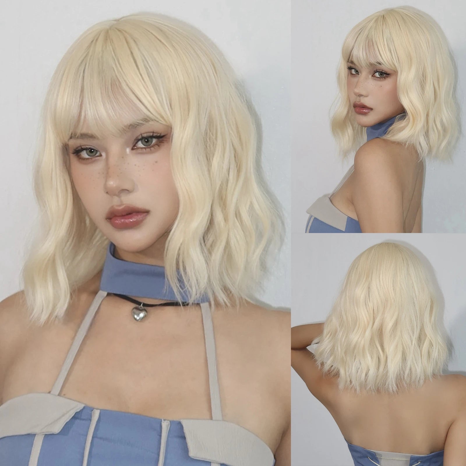 Light Blonde Short Bob Synthetic Wigs with Bangs Shoulder Length Water Wave Women Hair Wigs for Cosplay Lolita Daily Natural Wig