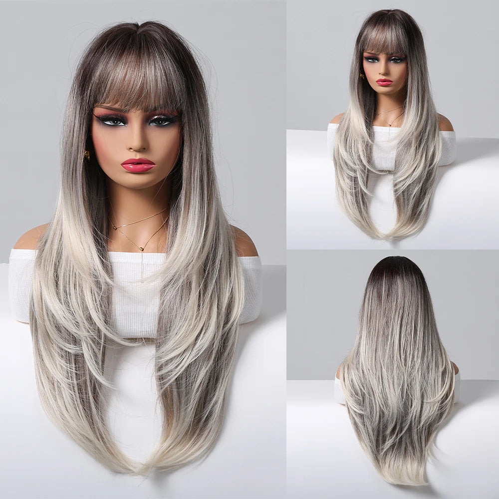 EASIHAIR Synthetic Layered Wig Ombre Gray Blonde Long Straight Women Hair Wigs with Bangs for Cosplay Party Daily Heat Resistant