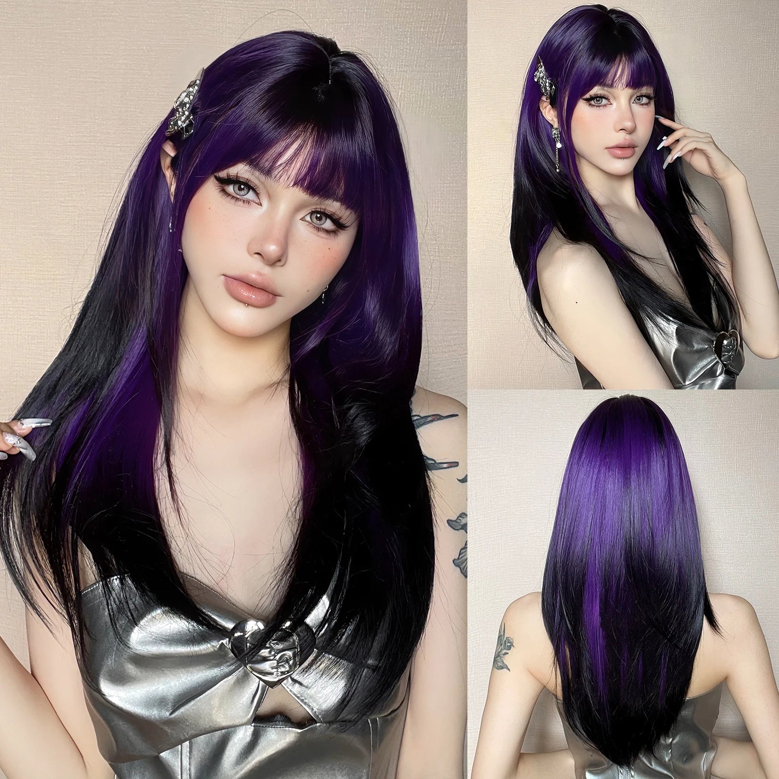 EASIHAIR Synthetic Layered Wig Ombre Gray Blonde Long Straight Women Hair Wigs with Bangs for Cosplay Party Daily Heat Resistant