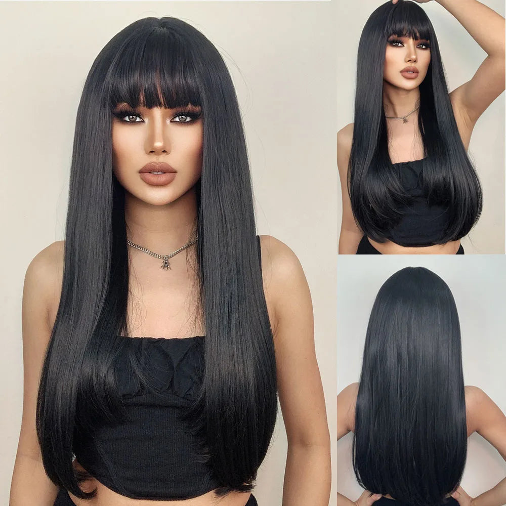 HENRY MARGU Long Straight Synthetic Wigs for Women Natural Brown Blonde Wig with Bangs Heat Resistant Cosplay Party Hair