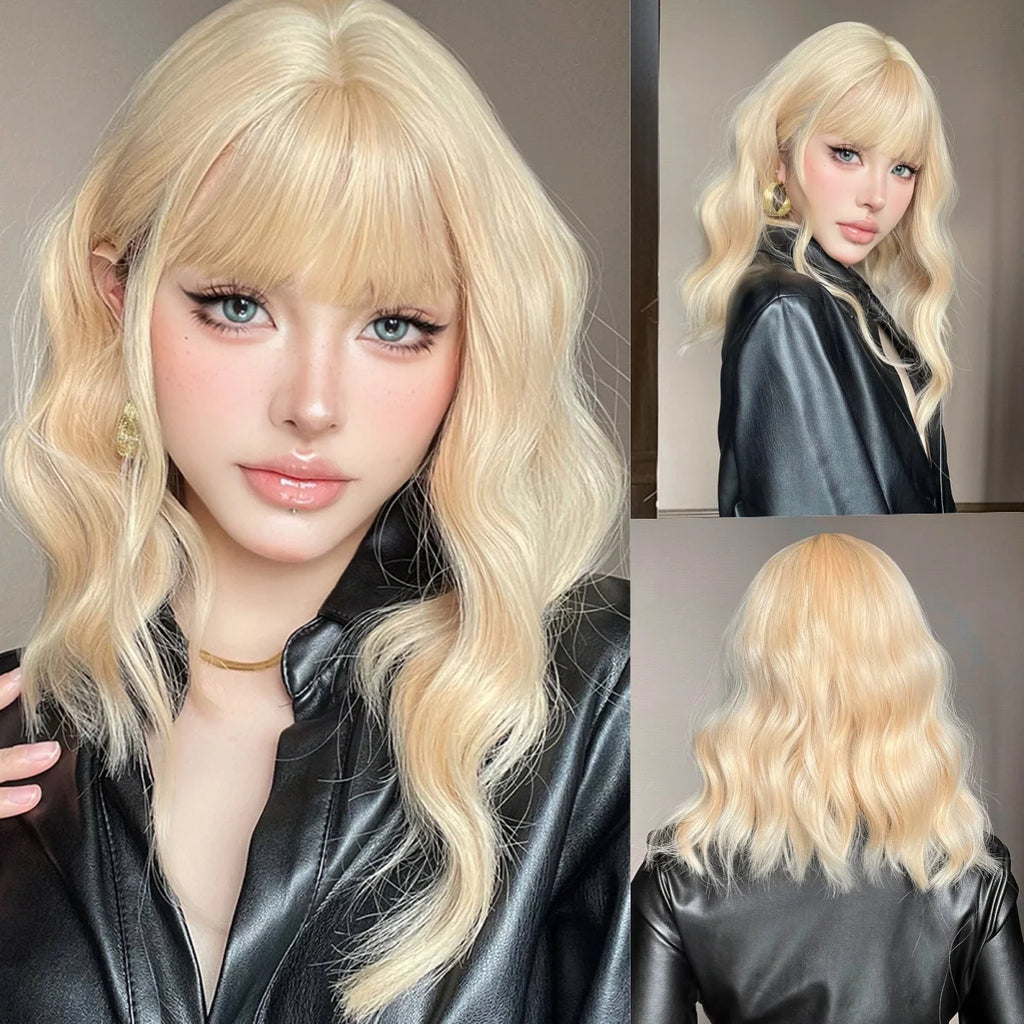 Light Blonde Short Bob Synthetic Wigs with Bangs Shoulder Length Water Wave Women Hair Wigs for Cosplay Lolita Daily Natural Wig