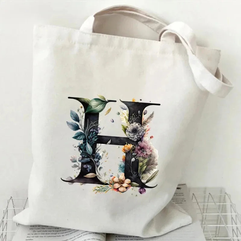 26 Letters Flower Tote Bag for Women Eco Reusable Shoulder BagsLarge Capacity Canvas Casual Harajuku Shopping Shopper Handbag