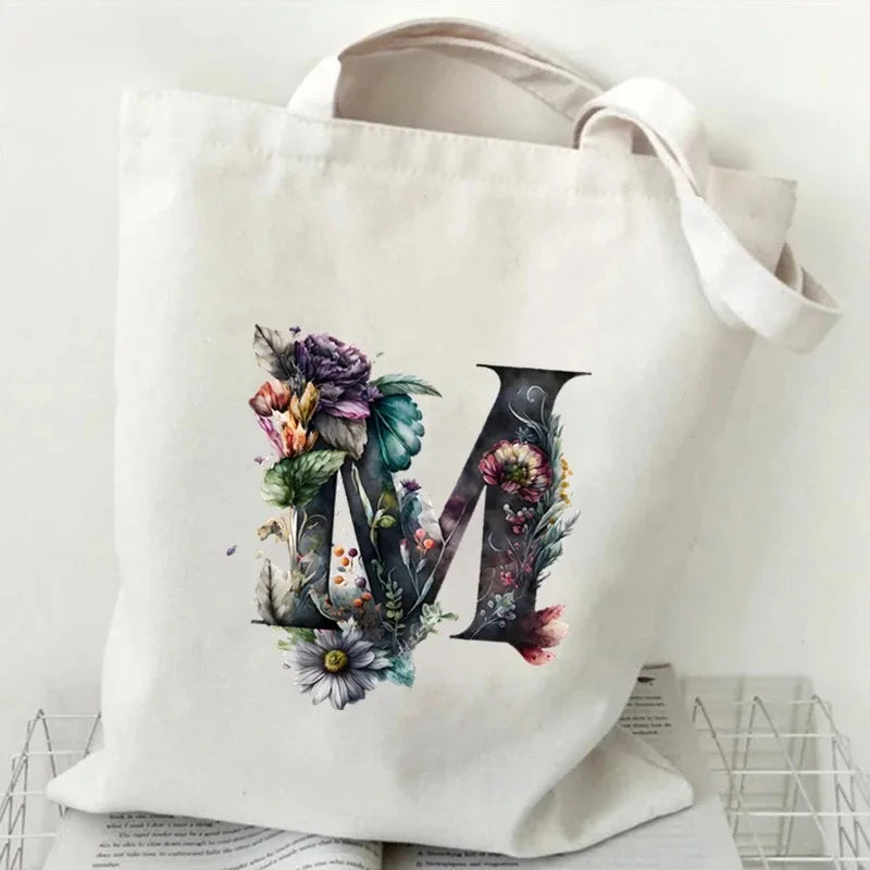 26 Letters Flower Tote Bag for Women Eco Reusable Shoulder BagsLarge Capacity Canvas Casual Harajuku Shopping Shopper Handbag