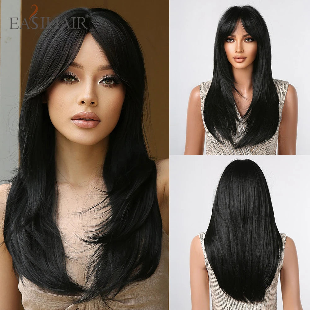EASIHAIR Synthetic Layered Wig Ombre Gray Blonde Long Straight Women Hair Wigs with Bangs for Cosplay Party Daily Heat Resistant