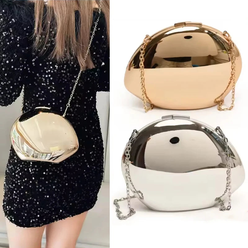 Shell Shape Mirrored Design Clutch Bag Gold Silver Women Evening Party Bag Cute Shiny Metal Shoulder Crossbody Bags Small Purse