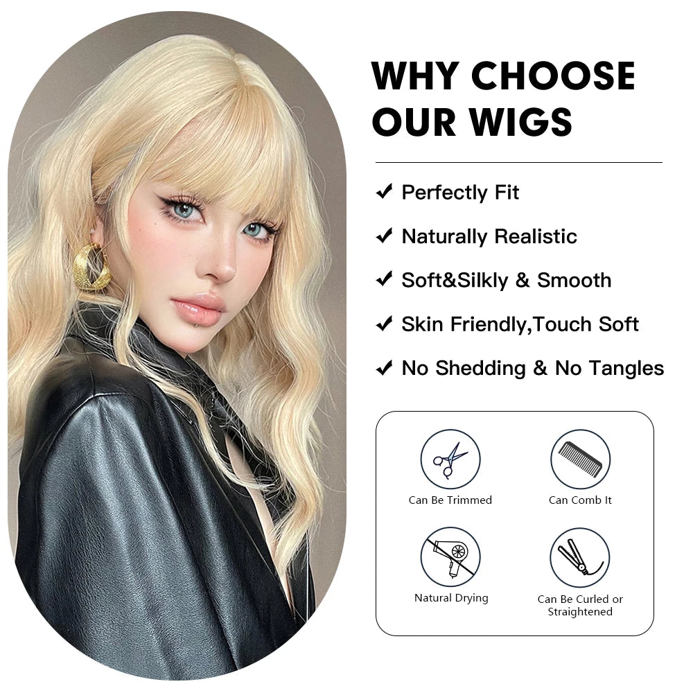 Light Blonde Short Bob Synthetic Wigs with Bangs Shoulder Length Water Wave Women Hair Wigs for Cosplay Lolita Daily Natural Wig