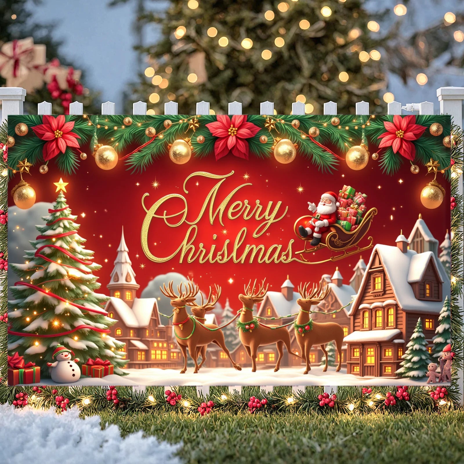 Merry Christmas Santa Decoration Festive Banner Polyester Snowy Scene Winter Holiday for Christmas Party Decor Seasonal Celebrat