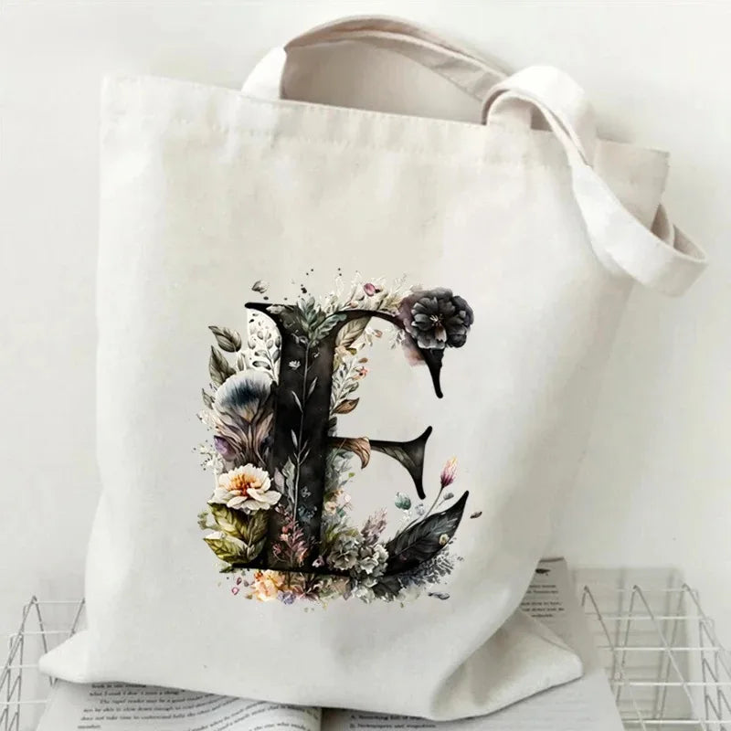 26 Letters Flower Tote Bag for Women Eco Reusable Shoulder BagsLarge Capacity Canvas Casual Harajuku Shopping Shopper Handbag