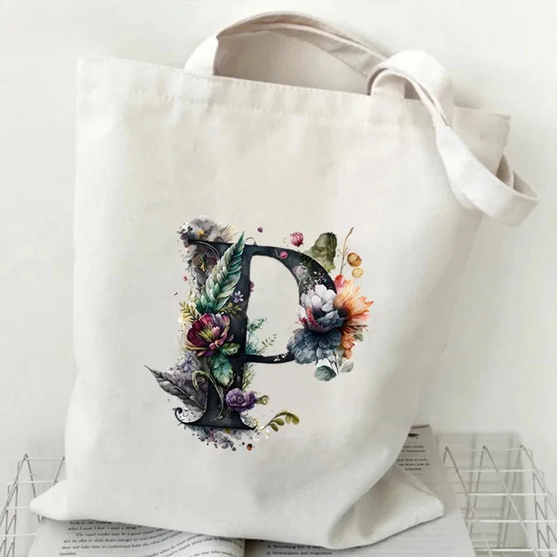 26 Letters Flower Tote Bag for Women Eco Reusable Shoulder BagsLarge Capacity Canvas Casual Harajuku Shopping Shopper Handbag
