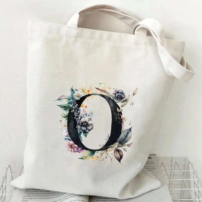 26 Letters Flower Tote Bag for Women Eco Reusable Shoulder BagsLarge Capacity Canvas Casual Harajuku Shopping Shopper Handbag