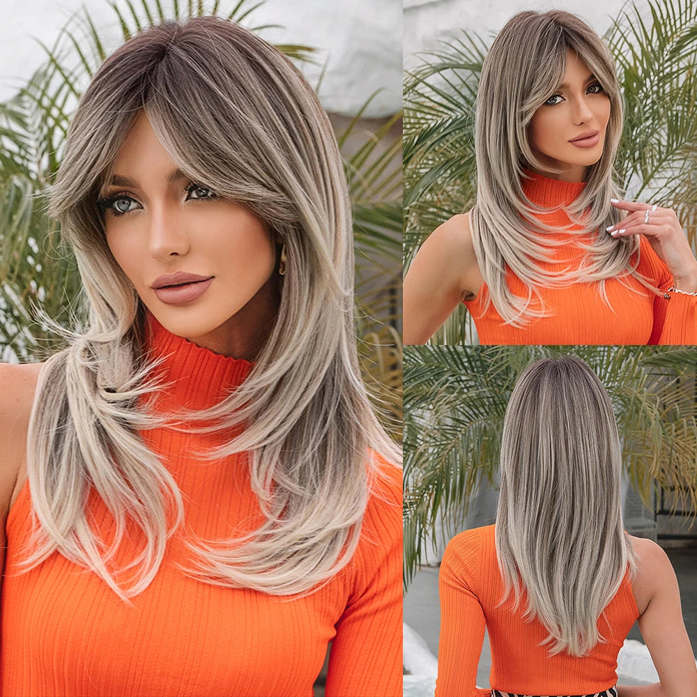 Long Straight Layered Synthetic Wig Blonde Platinum Highlight Wig with Bangs Daily Use Natural Hair Heat Resistant Wig for Women