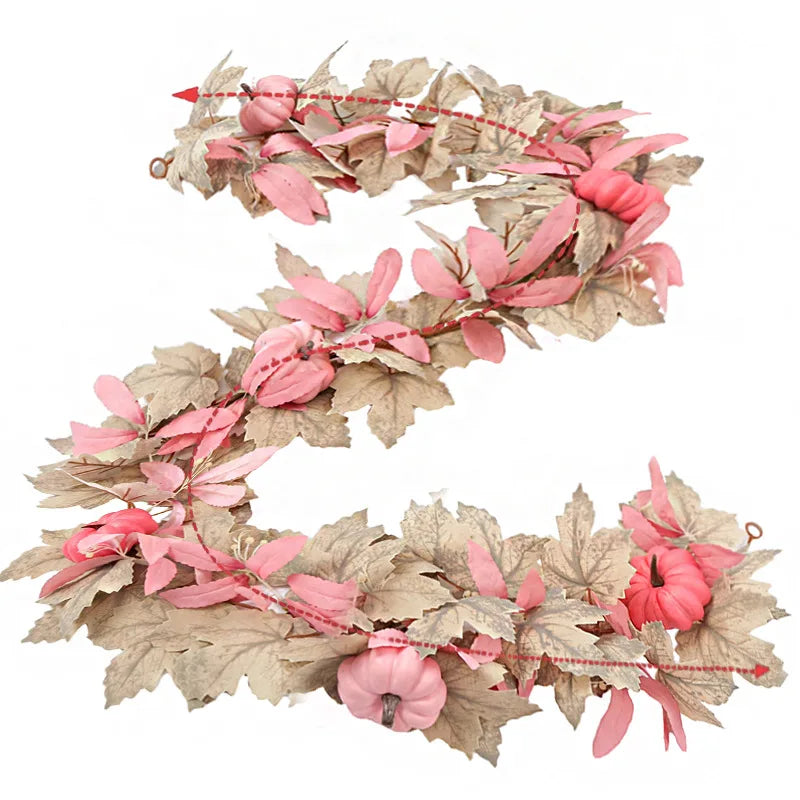 Halloween Thanksgiving Pink Decorations Artificial Fall Maple Leaves Garland Autumn Hanging Pink Pumpkins Flowers Berries Rattan