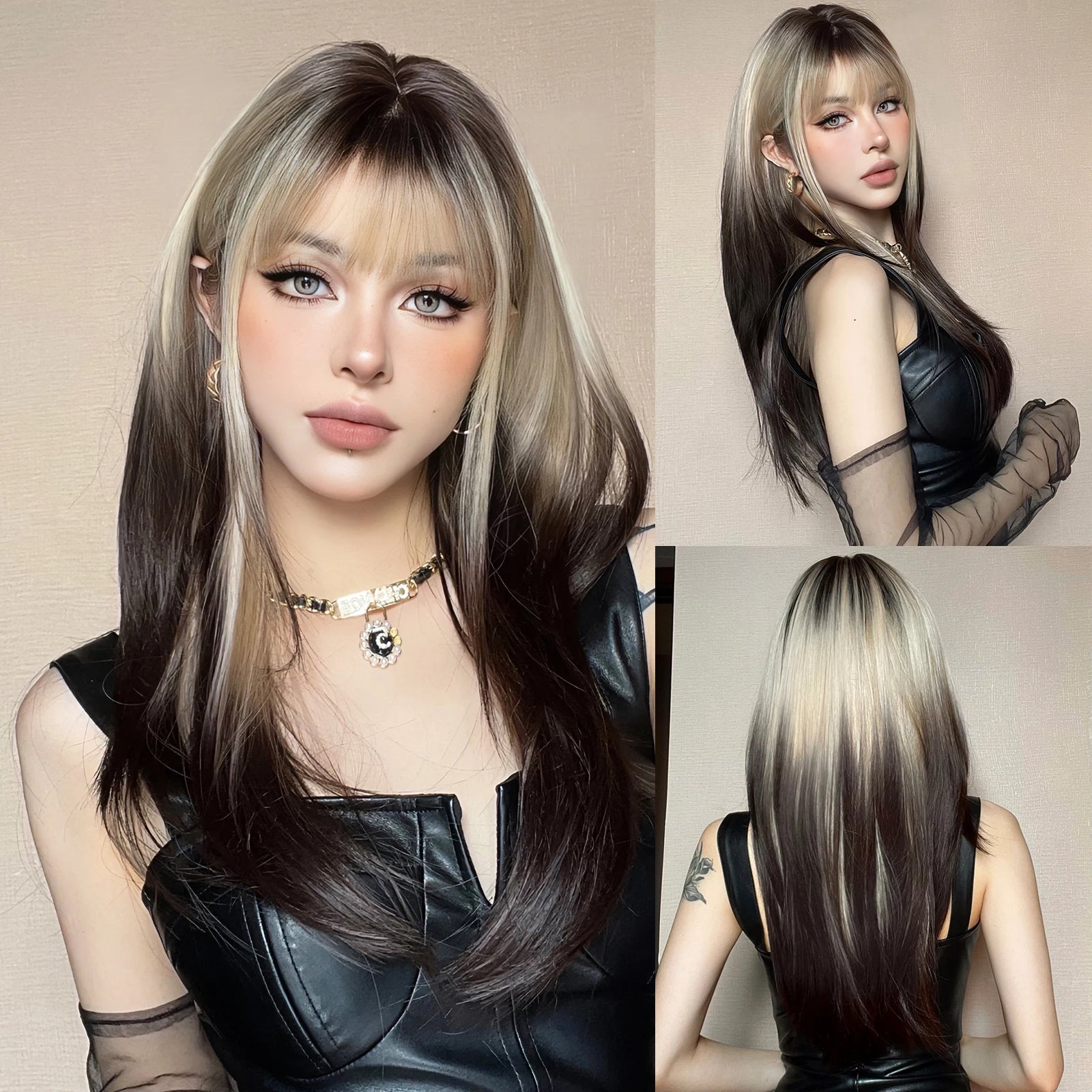 EASIHAIR Synthetic Layered Wig Ombre Gray Blonde Long Straight Women Hair Wigs with Bangs for Cosplay Party Daily Heat Resistant