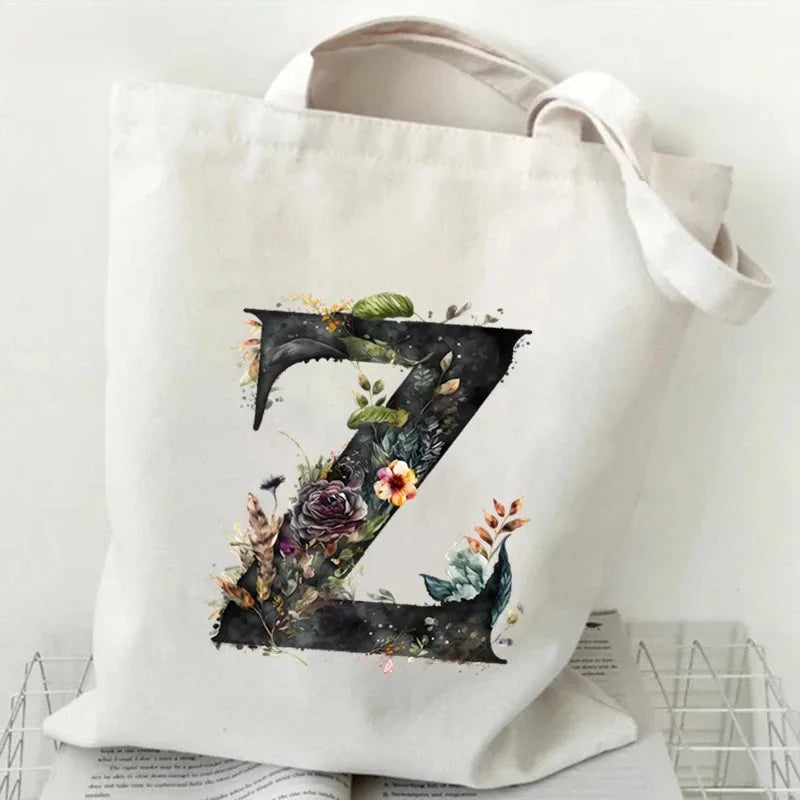 26 Letters Flower Tote Bag for Women Eco Reusable Shoulder BagsLarge Capacity Canvas Casual Harajuku Shopping Shopper Handbag