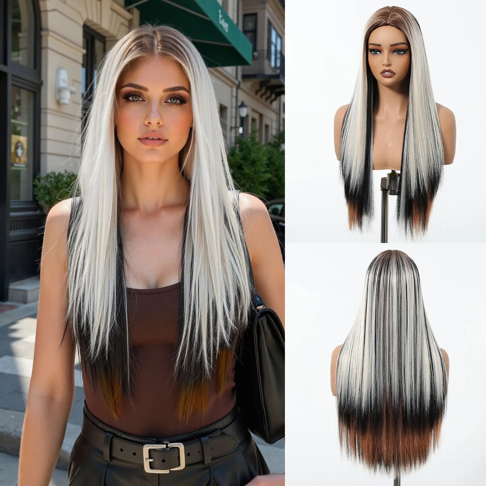 HENRY MARGU Long Straight Synthetic Wigs for Women Natural Brown Blonde Wig with Bangs Heat Resistant Cosplay Party Hair