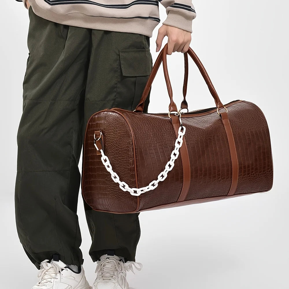 Large Capacity Retro Crocodile-Textured Duffel Bag with Adjustable Shoulder Strap, Stylish Gym,  Weekender & Overnight Bag