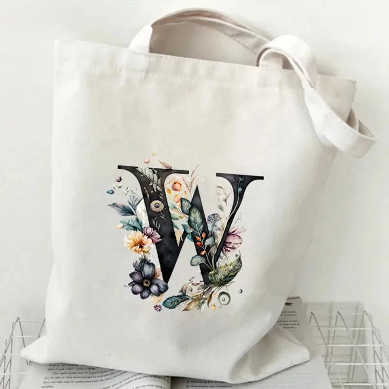26 Letters Flower Tote Bag for Women Eco Reusable Shoulder BagsLarge Capacity Canvas Casual Harajuku Shopping Shopper Handbag