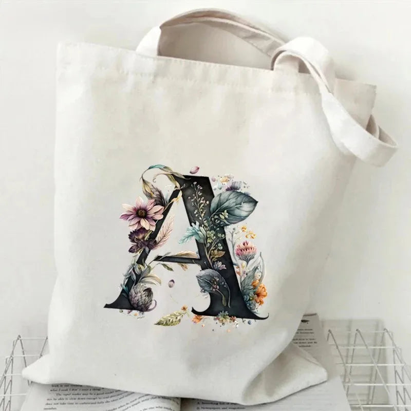 26 Letters Flower Tote Bag for Women Eco Reusable Shoulder BagsLarge Capacity Canvas Casual Harajuku Shopping Shopper Handbag