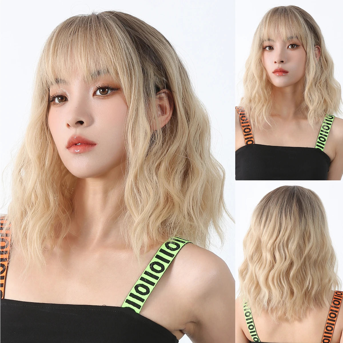 Light Blonde Short Bob Synthetic Wigs with Bangs Shoulder Length Water Wave Women Hair Wigs for Cosplay Lolita Daily Natural Wig