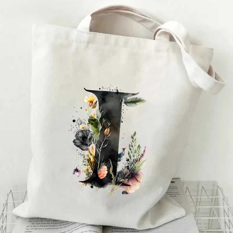 26 Letters Flower Tote Bag for Women Eco Reusable Shoulder BagsLarge Capacity Canvas Casual Harajuku Shopping Shopper Handbag