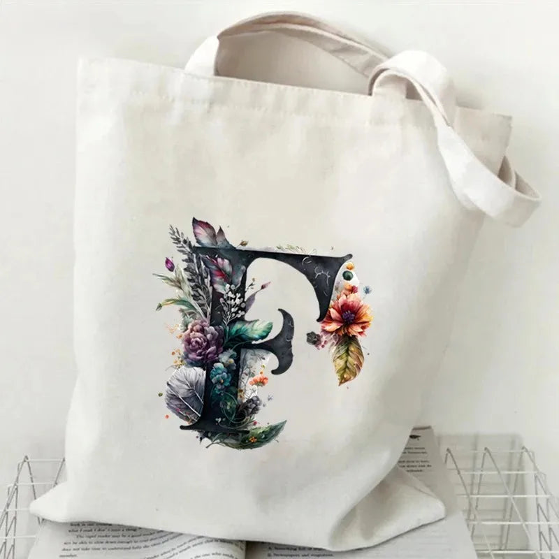 26 Letters Flower Tote Bag for Women Eco Reusable Shoulder BagsLarge Capacity Canvas Casual Harajuku Shopping Shopper Handbag