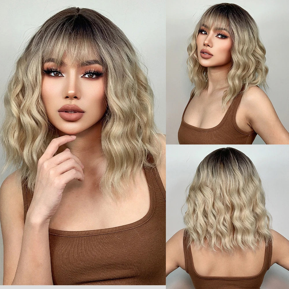 Light Blonde Short Bob Synthetic Wigs with Bangs Shoulder Length Water Wave Women Hair Wigs for Cosplay Lolita Daily Natural Wig