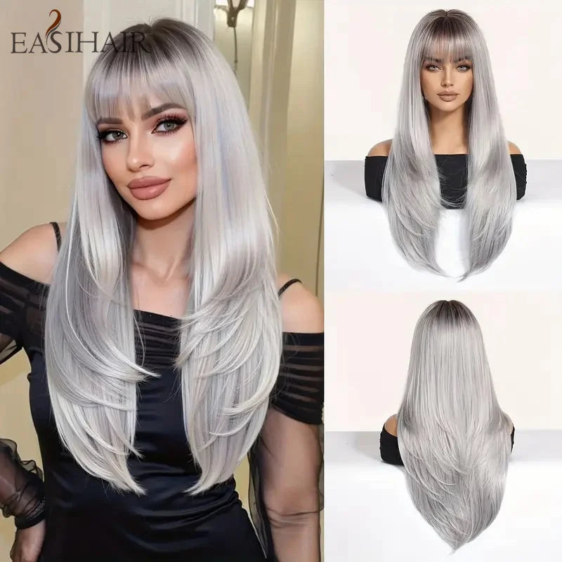 EASIHAIR Synthetic Layered Wig Ombre Gray Blonde Long Straight Women Hair Wigs with Bangs for Cosplay Party Daily Heat Resistant