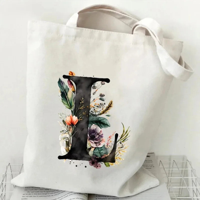 26 Letters Flower Tote Bag for Women Eco Reusable Shoulder BagsLarge Capacity Canvas Casual Harajuku Shopping Shopper Handbag