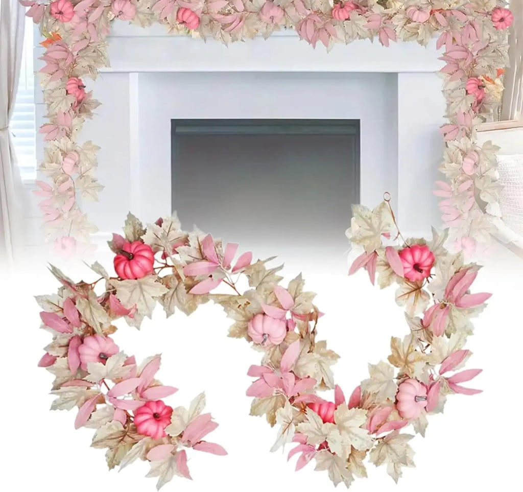 Halloween Thanksgiving Pink Decorations Artificial Fall Maple Leaves Garland Autumn Hanging Pink Pumpkins Flowers Berries Rattan