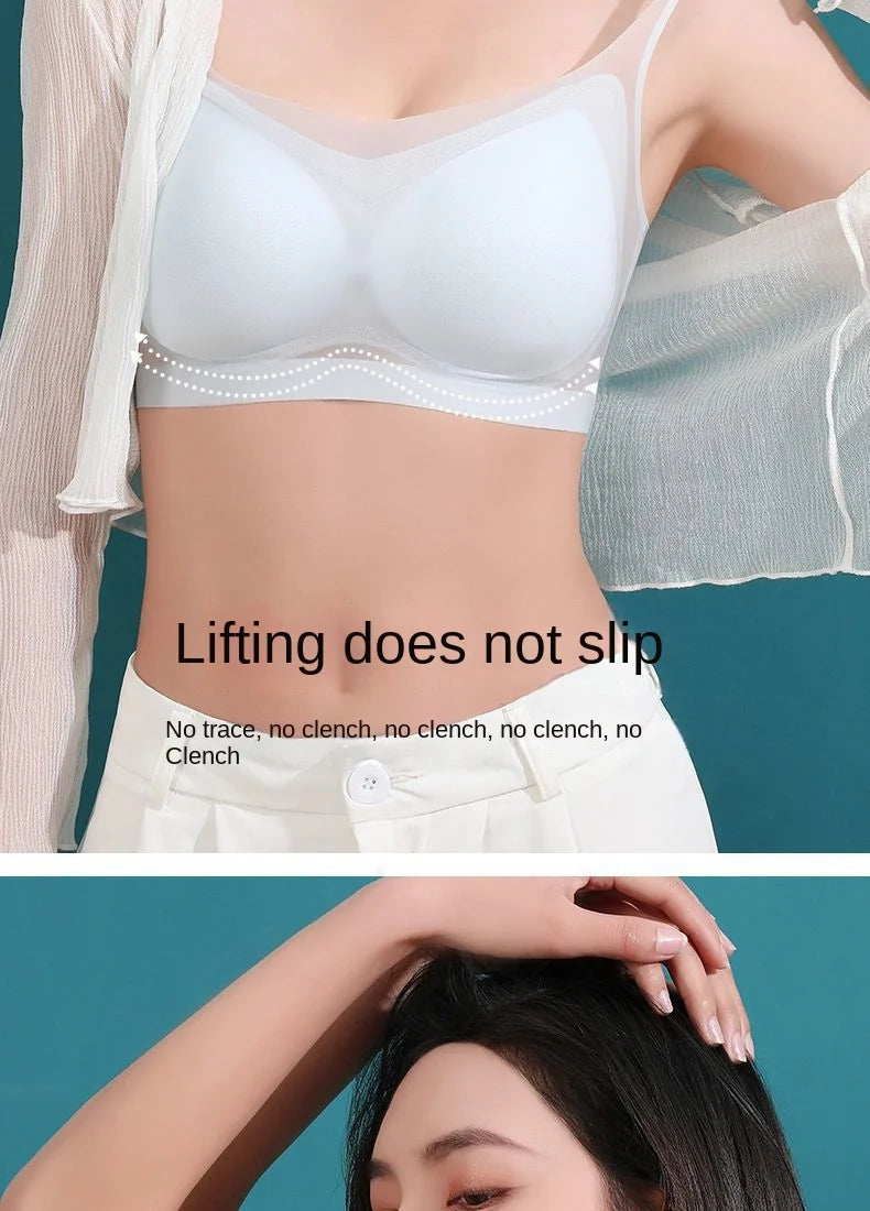 Ultra Thin Ice Silk Seamless Underwear Women Plus Size Sexy Top Soft Breathable Wireless Solid Lingerie Gathered Padded Bra