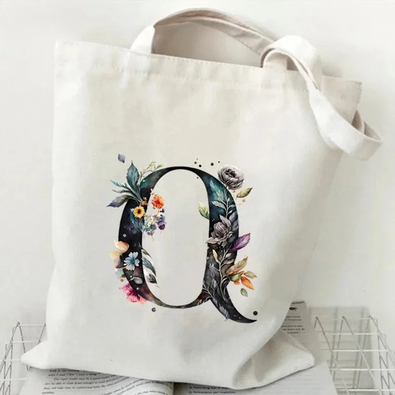 26 Letters Flower Tote Bag for Women Eco Reusable Shoulder BagsLarge Capacity Canvas Casual Harajuku Shopping Shopper Handbag