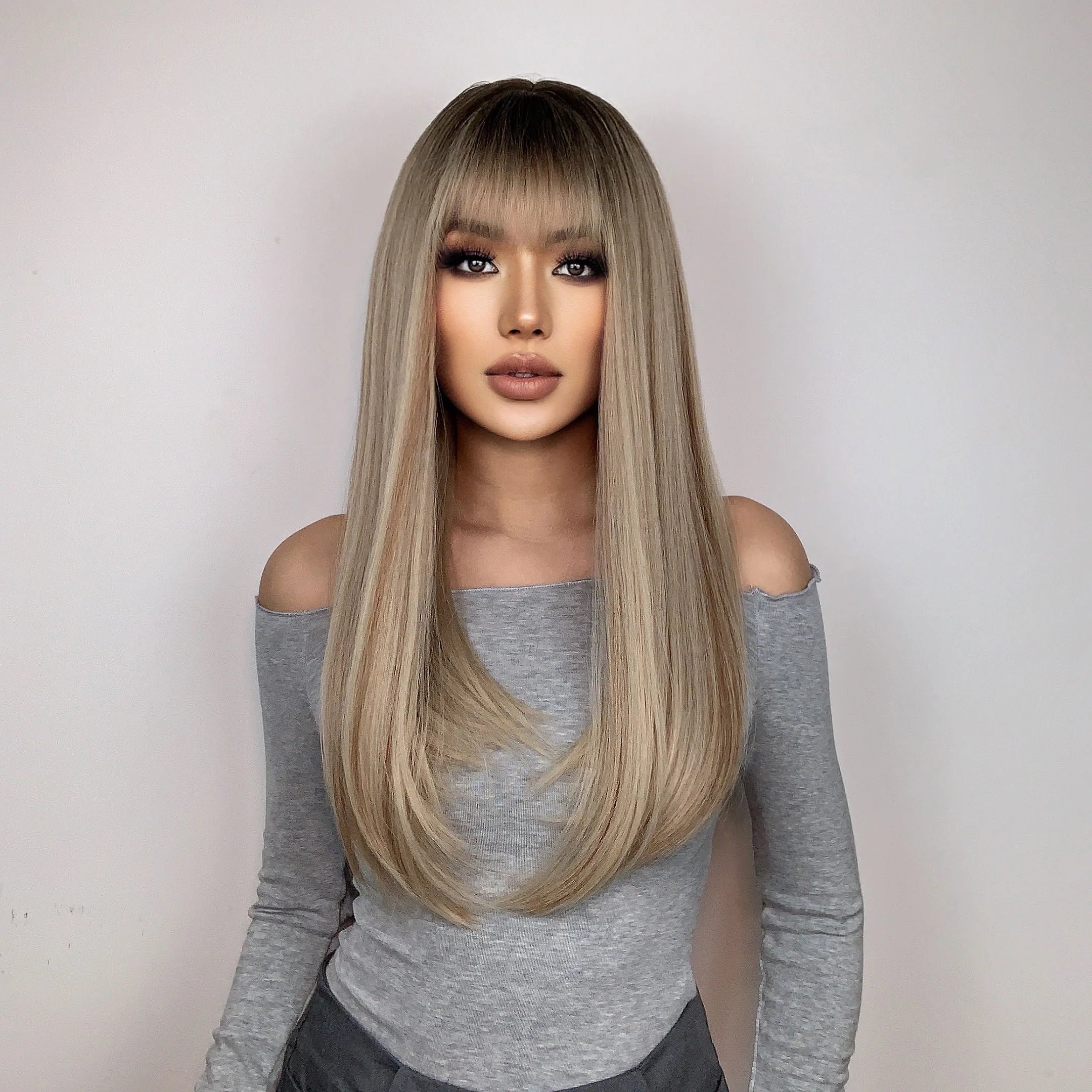 HENRY MARGU Long Straight Synthetic Wigs for Women Natural Brown Blonde Wig with Bangs Heat Resistant Cosplay Party Hair