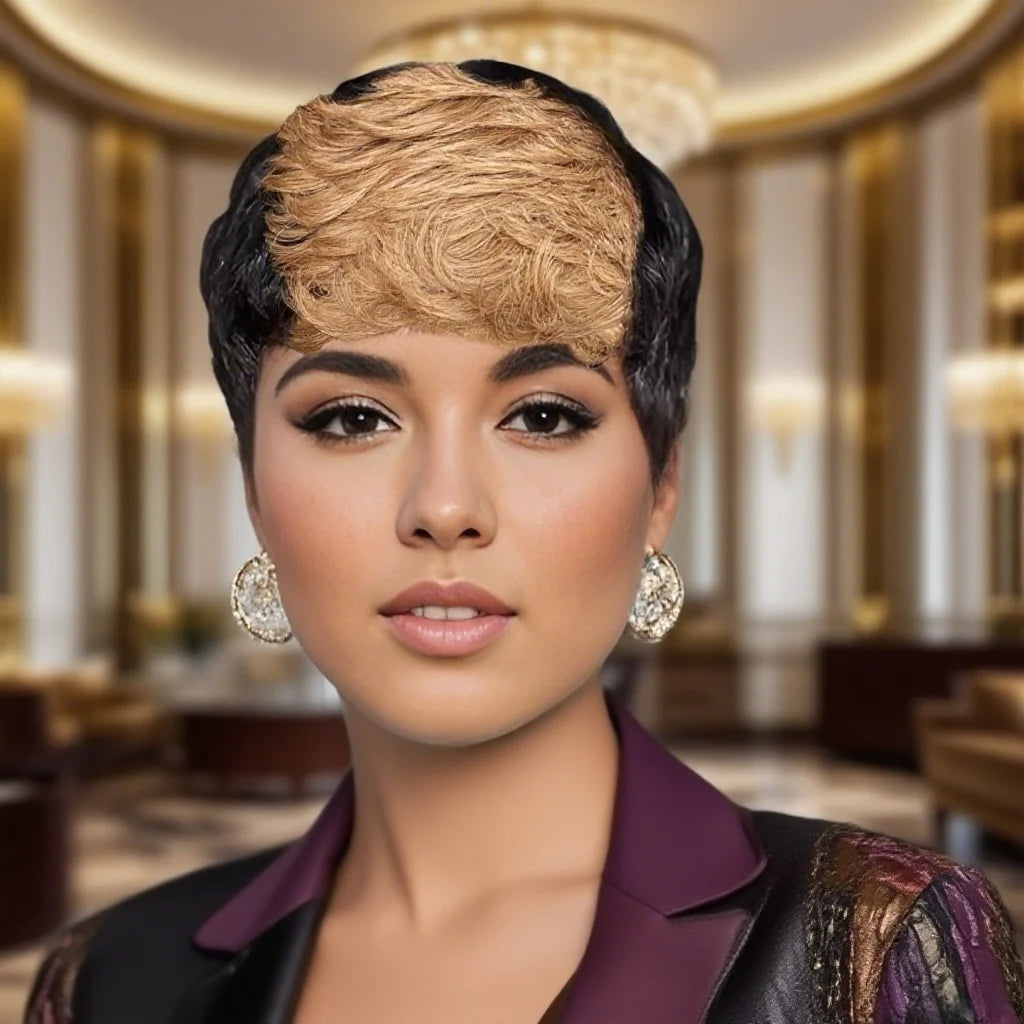 Curly Wave Human Hair Wig Pixie Cut Wigs for Women Human Hair Short Wave Wig with Bangs Layered Full Machine Made wig