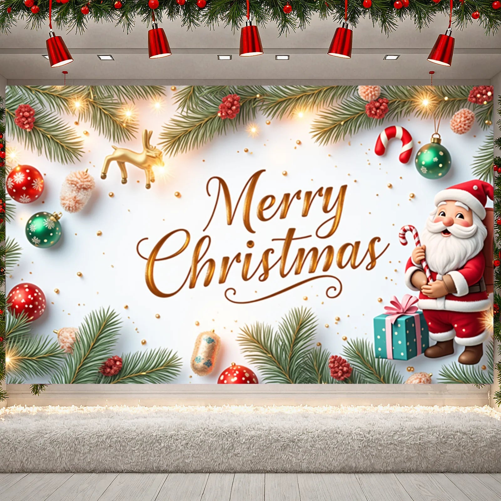 Merry Christmas Santa Decoration Festive Banner Polyester Snowy Scene Winter Holiday for Christmas Party Decor Seasonal Celebrat