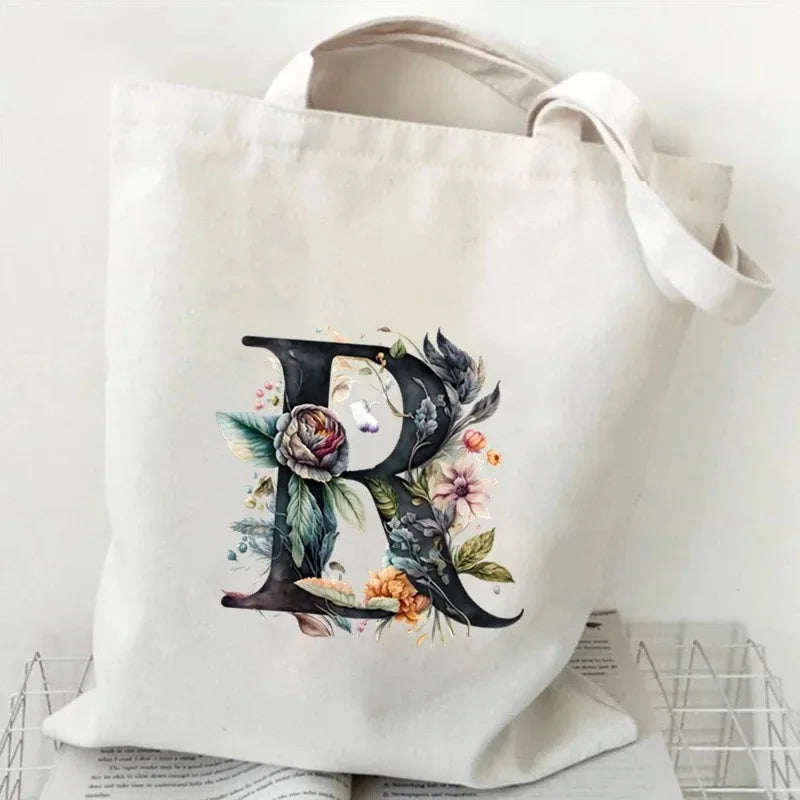 26 Letters Flower Tote Bag for Women Eco Reusable Shoulder BagsLarge Capacity Canvas Casual Harajuku Shopping Shopper Handbag