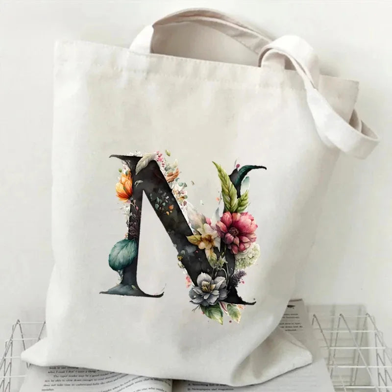 26 Letters Flower Tote Bag for Women Eco Reusable Shoulder BagsLarge Capacity Canvas Casual Harajuku Shopping Shopper Handbag