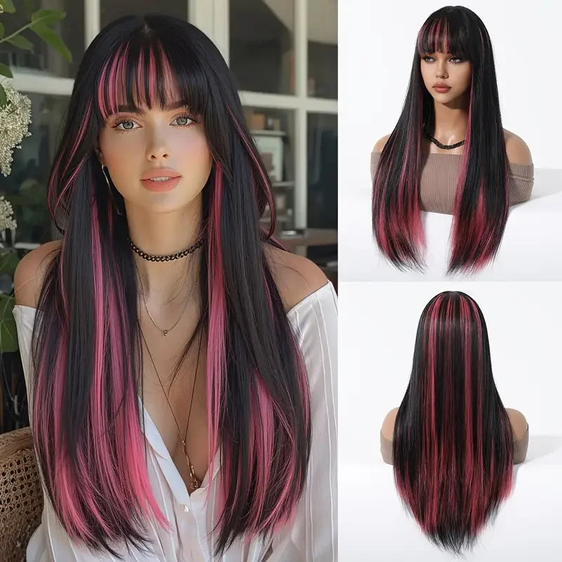 HENRY MARGU Long Straight Synthetic Wigs for Women Natural Brown Blonde Wig with Bangs Heat Resistant Cosplay Party Hair