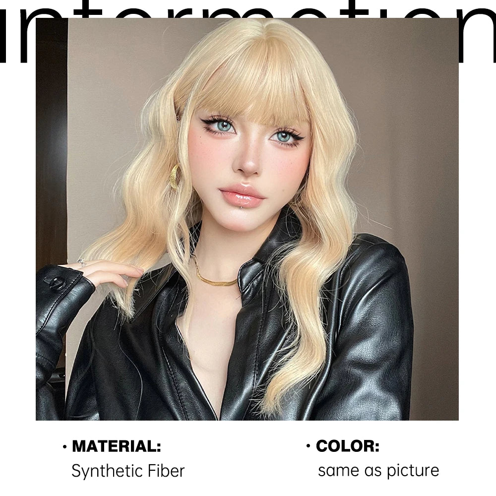 Light Blonde Short Bob Synthetic Wigs with Bangs Shoulder Length Water Wave Women Hair Wigs for Cosplay Lolita Daily Natural Wig