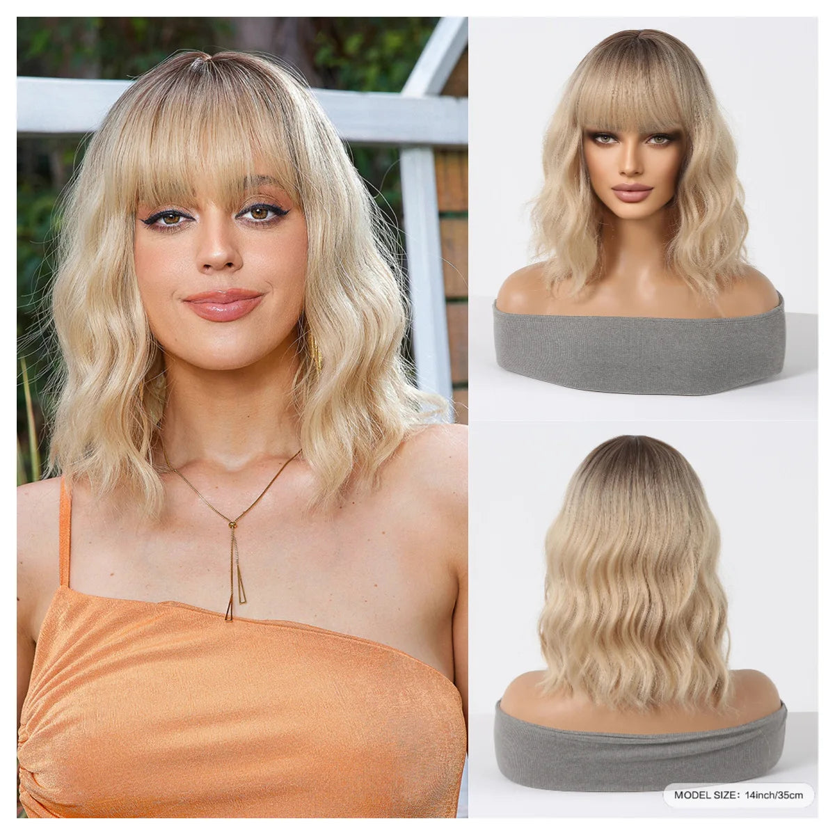 Light Blonde Short Bob Synthetic Wigs with Bangs Shoulder Length Water Wave Women Hair Wigs for Cosplay Lolita Daily Natural Wig