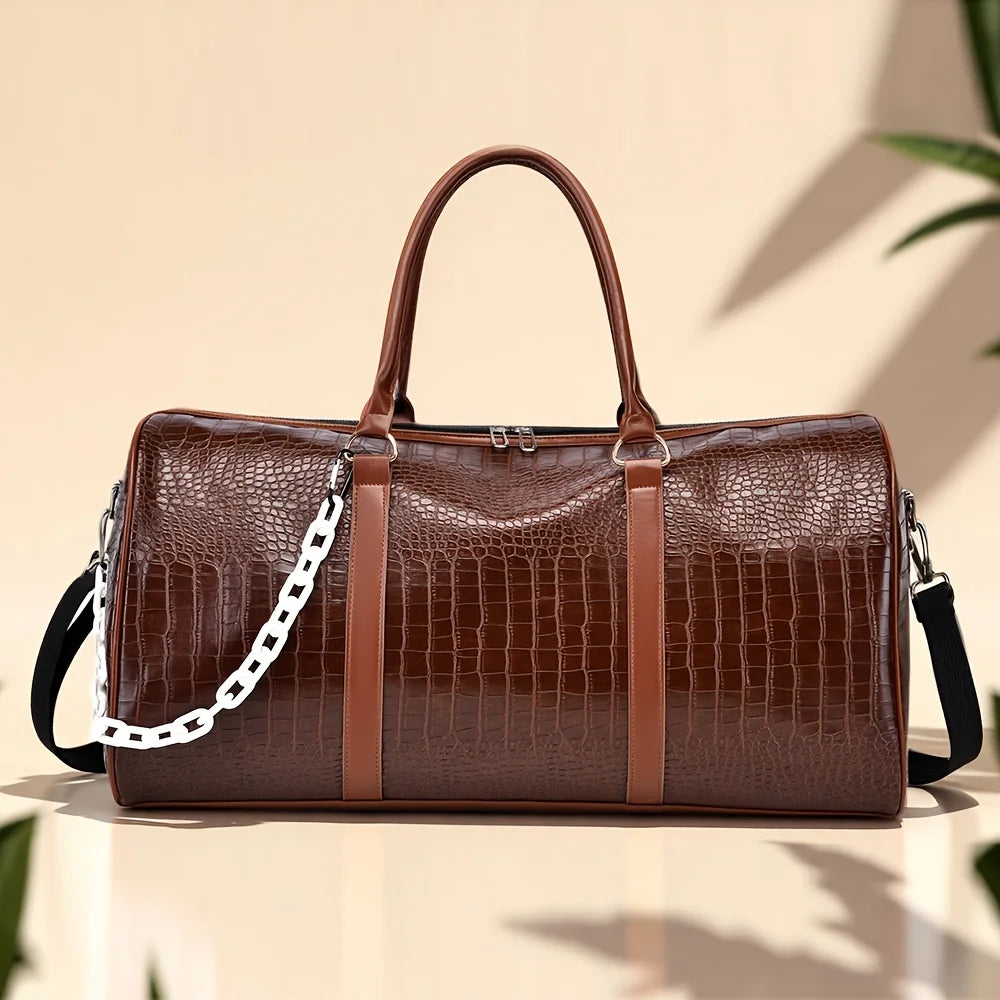 Large Capacity Retro Crocodile-Textured Duffel Bag with Adjustable Shoulder Strap, Stylish Gym,  Weekender & Overnight Bag