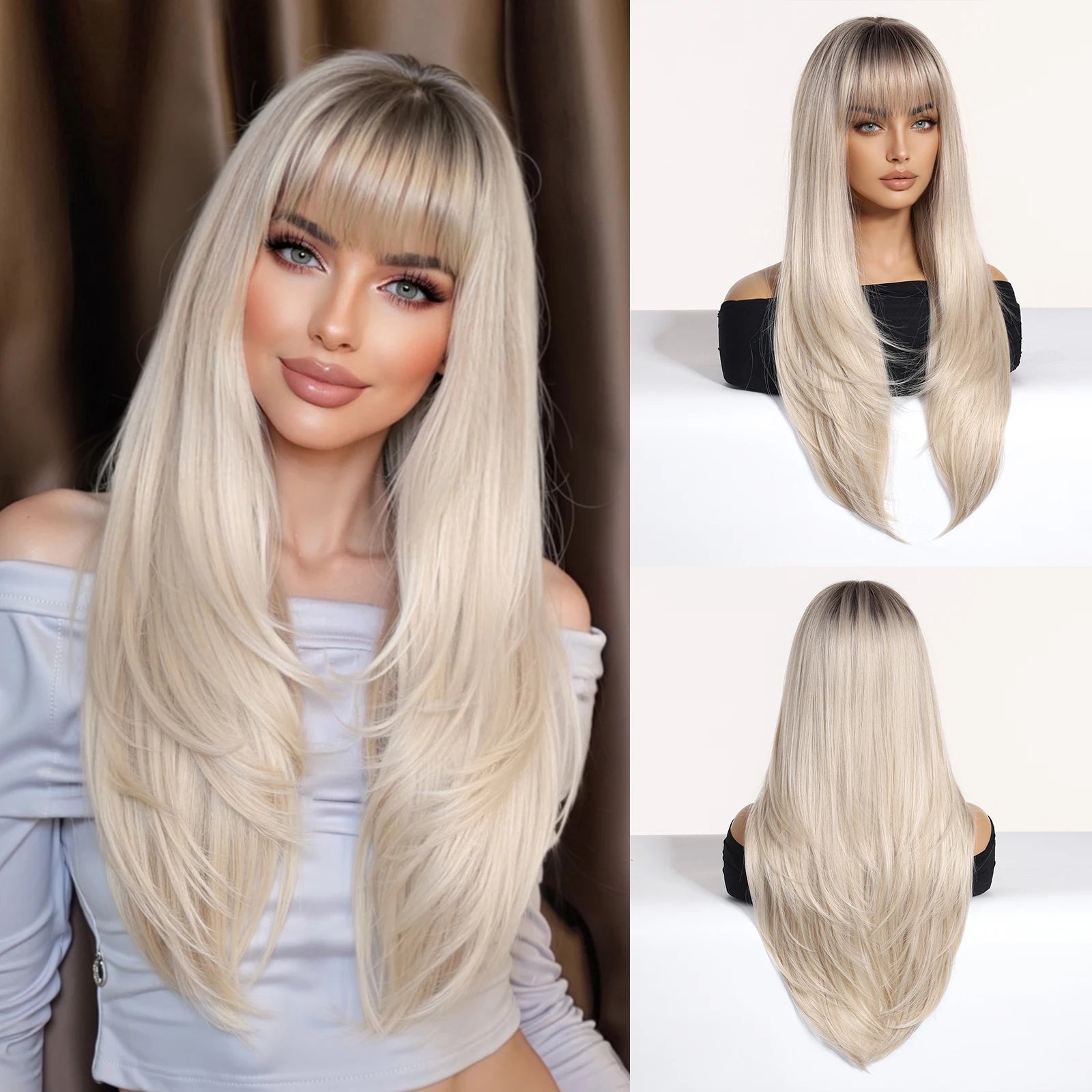 EASIHAIR Synthetic Layered Wig Ombre Gray Blonde Long Straight Women Hair Wigs with Bangs for Cosplay Party Daily Heat Resistant