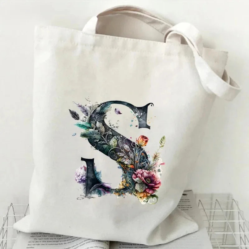 26 Letters Flower Tote Bag for Women Eco Reusable Shoulder BagsLarge Capacity Canvas Casual Harajuku Shopping Shopper Handbag