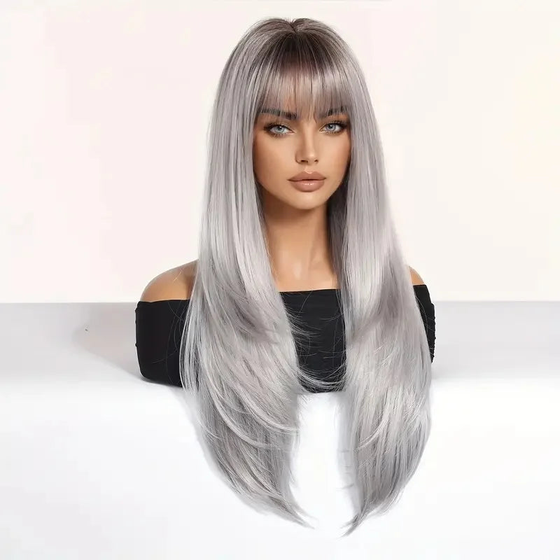 EASIHAIR Synthetic Layered Wig Ombre Gray Blonde Long Straight Women Hair Wigs with Bangs for Cosplay Party Daily Heat Resistant